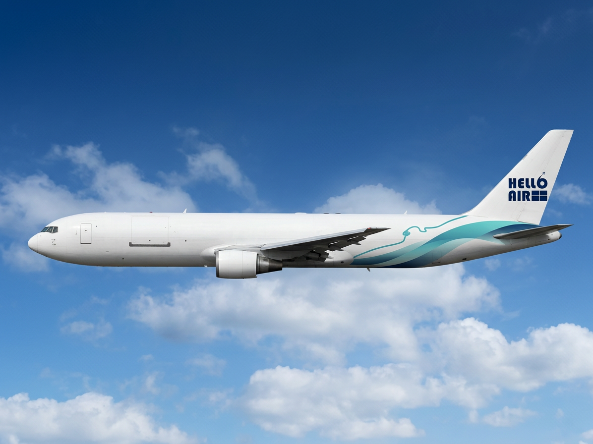 Hello Airlines Boeing 767 freighter with Cox's Bazar coastline artwork on the fuselage