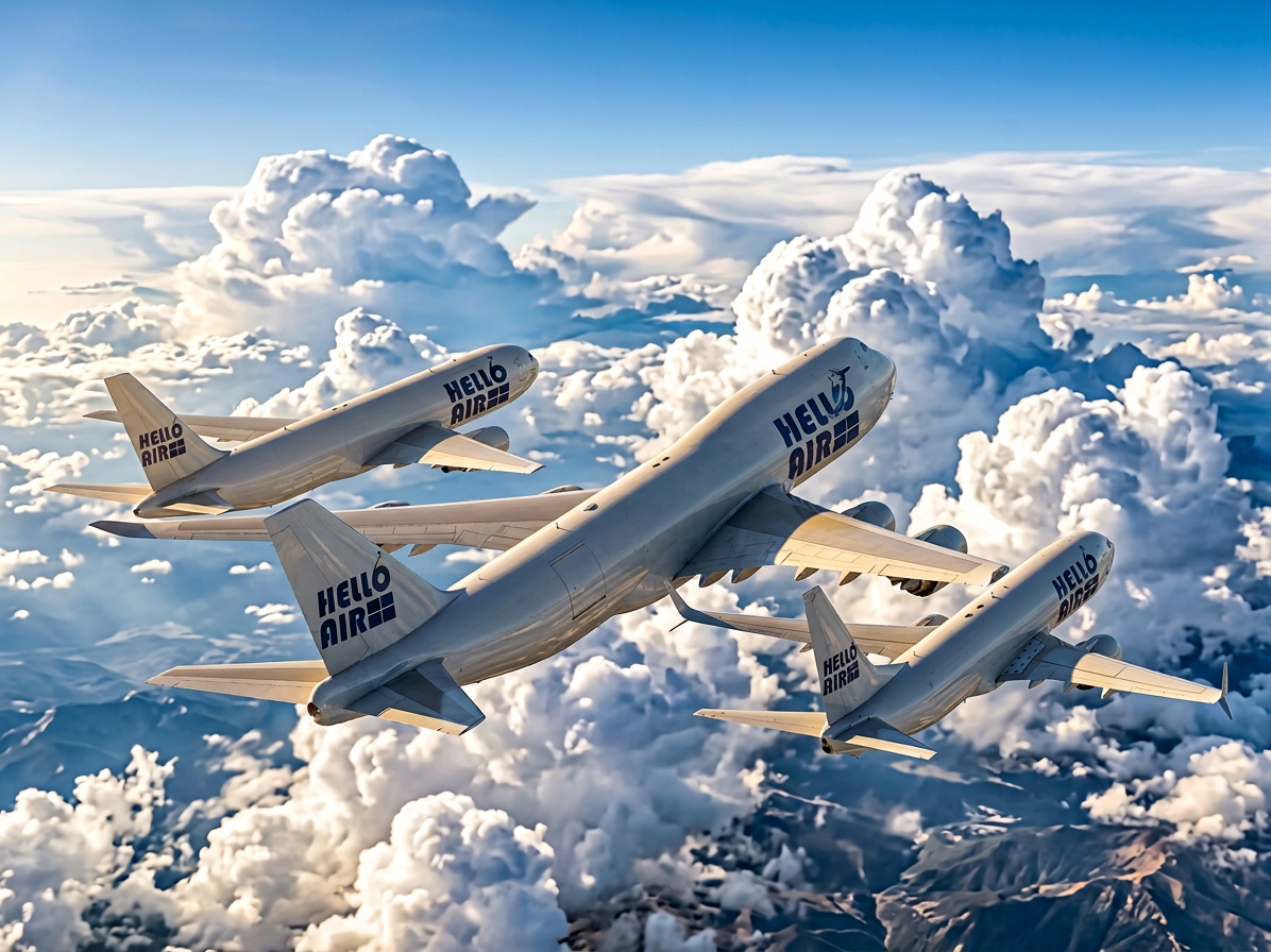 Hello Airlines Boeing freighter fleet flying in formation over a blue sky with clouds