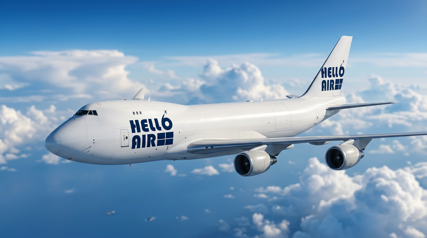 Hello Airlines Boeing 747-400F freighter flying in blue sky with clouds